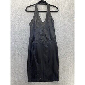 Feline Women's Halter Dress Solid Black Satin Size Medium Hook & Eye Closure